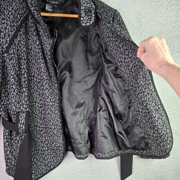 Sandro Leopard Cinched Waist Jacket Large Belted Animal Print Button Mock Neck - Picture 6 of 15